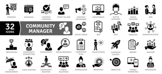 Community Manager Icons: Social Media and Engagement. Includes symbols for advertising, data analysis, and various tools used by community managers.