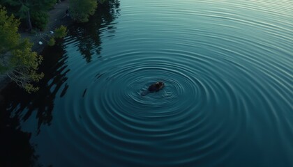Aerial twilight scene showing beaver lodge with concentric ripples around a swimming beaver in deep blue water.