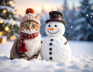 A cat and a snowman