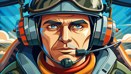 Close-up portrait of male helicopter pilot wearing headset. Isolated background symbolizes control, adventure, and skill.