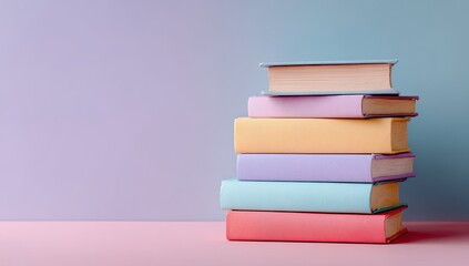 Fototapeta premium Pastel-colored books stacked against a gradient backdrop