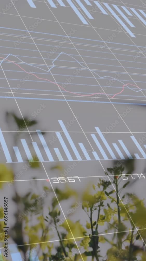 Aufkleber animation of multiple graphs, changing numbers, loading circle over plantation against windmills
