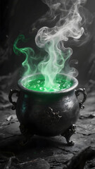 A bubbling cauldron with green smoke mystical magical fantasy dark mysterious eerie potion steam enchanted
