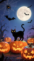 Fototapeta premium A black cat pumpkin jack o lantern full moon bat spider web autumn spooky night scene create mysterious halloween atmosphere