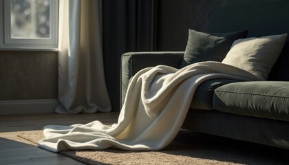Blanket partially falling off the couch, caught in motion, under dramatic side lighting in a shadowy evening room.