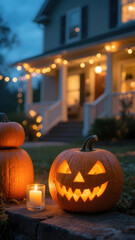 A halloween pumpkin candle autumn outdoor house evening glowing festive spooky decoration create warm inviting mood