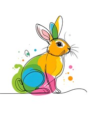 Vibrant abstract rabbit created with continuous line art and bright watercolor splashes. A modern and artistic bunny illustration isolated on a white background