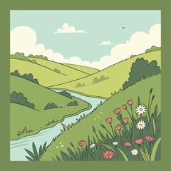 Beautiful Landscape with Trees, Mountains and a Deer Near the Pond