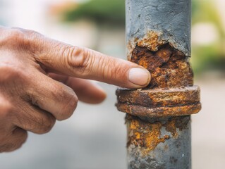 a person's hand pointing at rust damage on an old outdoor metal pipe 