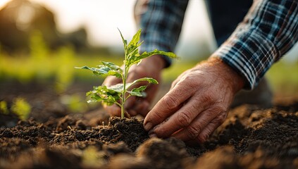 Fototapeta premium Close-up of hands planting a seedling