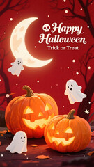 A happy halloween trick or treat with glowing pumpkin, ghost, crescent moon, autumn leaf, and spooky night forest background