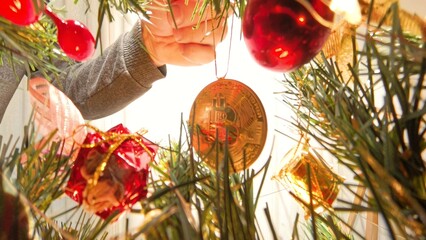 Hand Placing Bitcoin Ornament on Christmas Tree Among Red Baubles and Golden Gifts, Bright Lighting, Cryptocurrency Decoration Concept