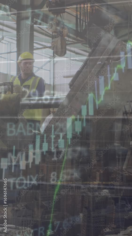 Poster animation of financial data processing and statistics over man working in factory