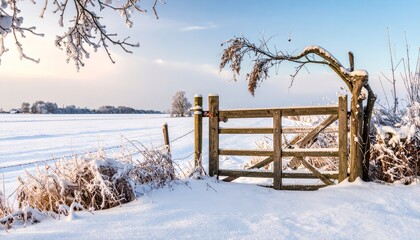winter country scene with winter decor, branch, gate