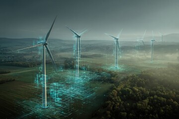 Aerial view of wind turbines over a landscape. Digital overlay shows interconnected data network