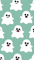 Fototapeta premium A white cartoon ghost pattern with happy, sad, and surprised expressions on green background, playful and cute seamless design