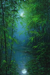 Obraz premium Lush bamboo grove at night, moonlight reflecting on water