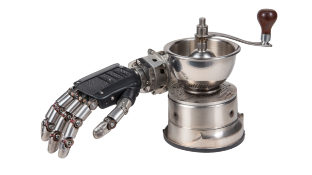 Advanced Robotic Prosthetic Hand Operating a Vintage Coffee Grinder