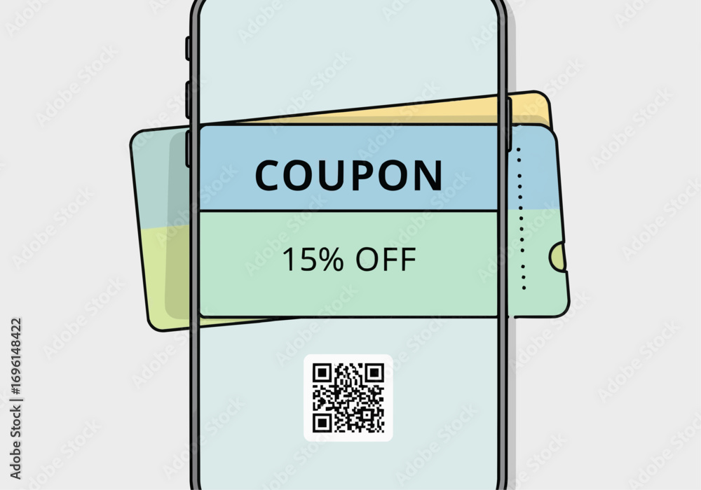Poster a smartphone displaying a digital coupon for 15% off, with a qr code at the bottom for redemption.