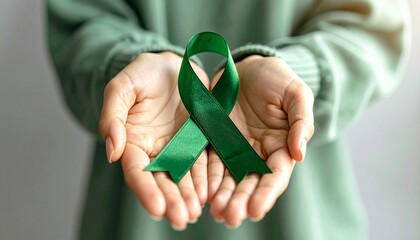 Hands holding green awareness ribbon, symbol of mental health support and organ donation awareness