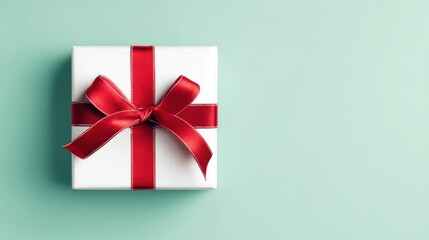 Minimalist White Christmas Gift Box with Red Ribbon on Pastel Green Background &ndash; Elegant Holiday Present Decoration for Modern Festive Design