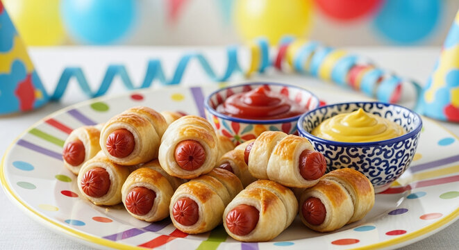 Close up of pigs in a blanket on a colorful plate with ketchup and mustard for a party celebration