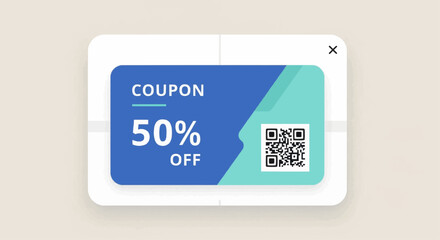 A digital coupon offering 50% off, featuring a QR code for easy scanning and redemption.