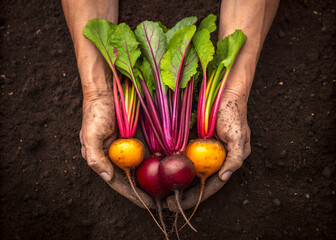 Hands holding freshly harvested colorful beets with vibrant green tops from garden soil