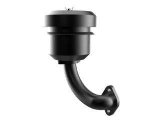 Detailed Professional 3D Drawing of Black Industrial Air Intake System and Compressor Air Filter Housing with Flange Connection, Essential Component for Vehicle Repair and Heavy Equipment Maintenance.