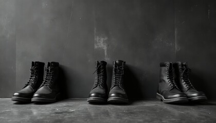 Monochromatic scene: all-black boots in a row beside a dark gray wall, under a single overhead spotlight.