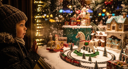 A child gazes at a christmas window display with a toy train and rocking horse in a snowy scene