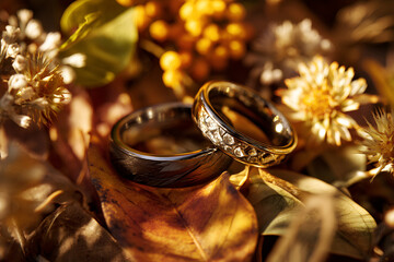 Elegant wedding rings in a rustic autumn setting.