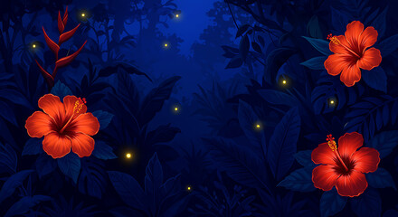Red hibiscus flowers and fireflies in a dark blue jungle at night image