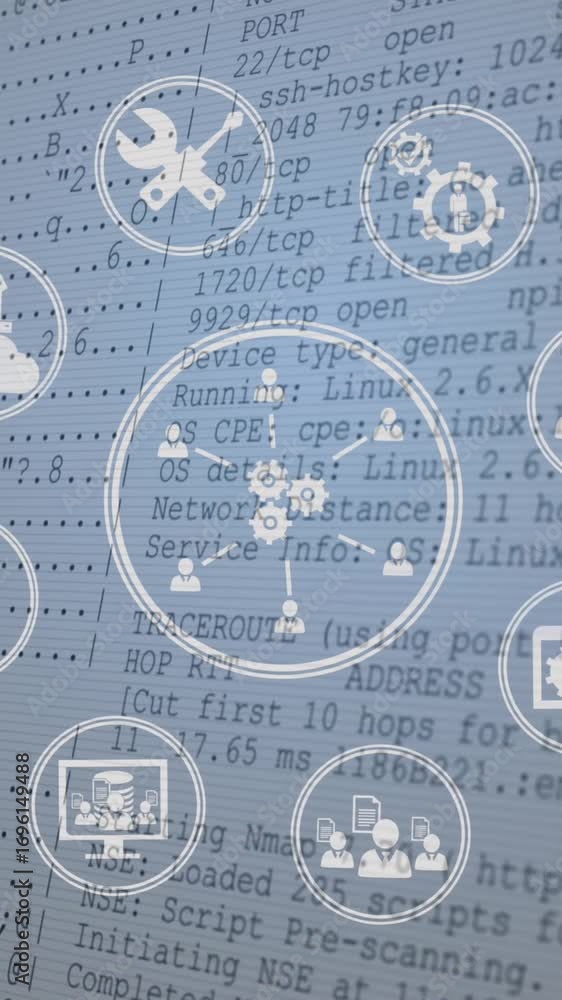 Poster animation of digital icons spinning over data processing against grey background