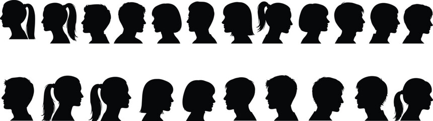 Human Head Silhouette Vector Set Featuring Diverse Male and Female Profiles with Unique Hairstyles and Face Shapes for Design Use