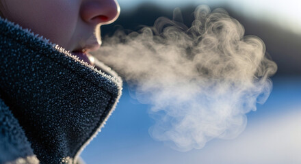 Exhaled breath visible in cold air with frosted jacket and blurred background in winter season scene