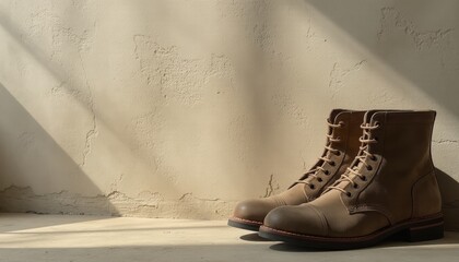 Detail shot of worn suede boots lined beside a textured plaster wall, warm side lighting emphasizing material.