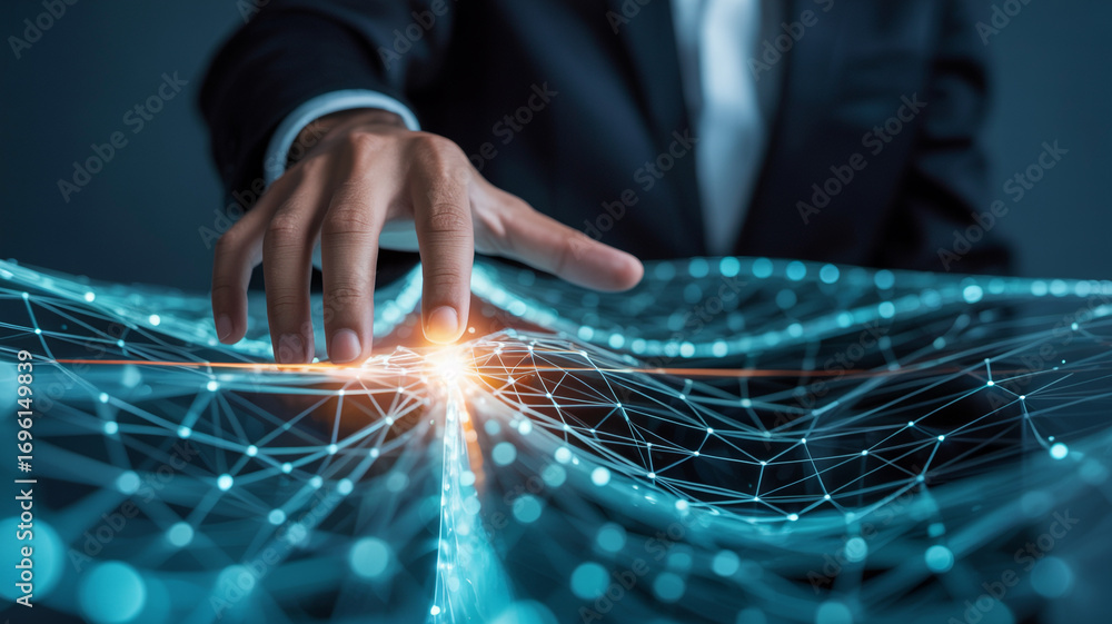 Poster businessman touching digital network technology ai data connection innovation concept design
