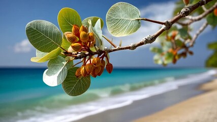 A close-up of a plant branch with lush green leaves and clusters of orange-brown buds, gracefully positioned above a pristine tropical beach featuring clear turquoise water  - Powered by Adobe