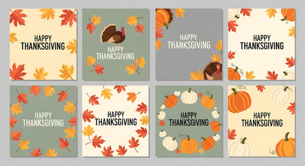Thanksgiving greeting cards set with autumn leaves turkey and pumpkins holiday