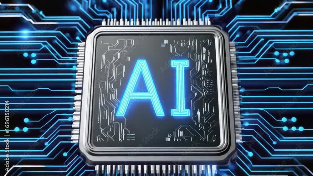 Poster a close-up view of a computer chip featuring the letters 'ai', surrounded by intricate blue circuit 