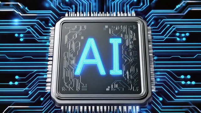 A close-up view of a computer chip featuring the letters 'AI', surrounded by intricate blue circuit patterns, symbolizing advancements in artificial intelligence and technology.