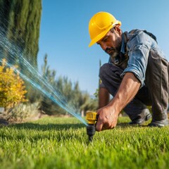 Gardener Adjusting Lawn Sprinkler in Protective Helmet