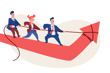 business team pulling upward arrow graph with rope