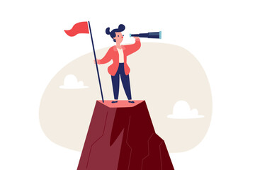 businesswoman on top of mountain holding flag look through telescope