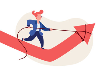 businesswoman pulling upward arrow graph with rope