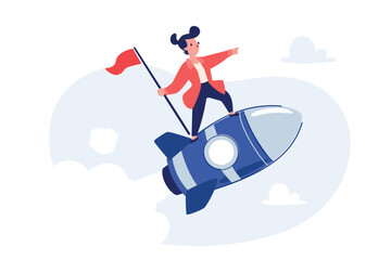 businesswoman with flag riding flying rocket to success