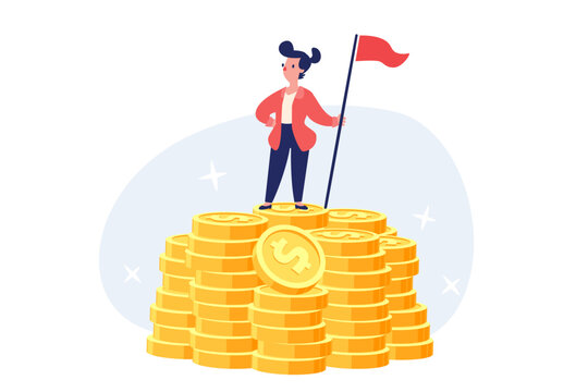 successful businesswoman holding flag on top of pile of gold coins