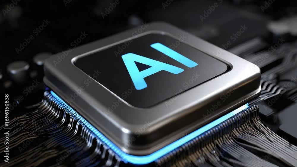 Poster a close-up view of a modern ai chip set against a dark circuit background, representing advanced tec