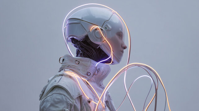 Cybernetic portrait with glowing light trails